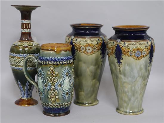 Four items of Doulton Art Nouveau tube-lined stoneware, tallest 30cm